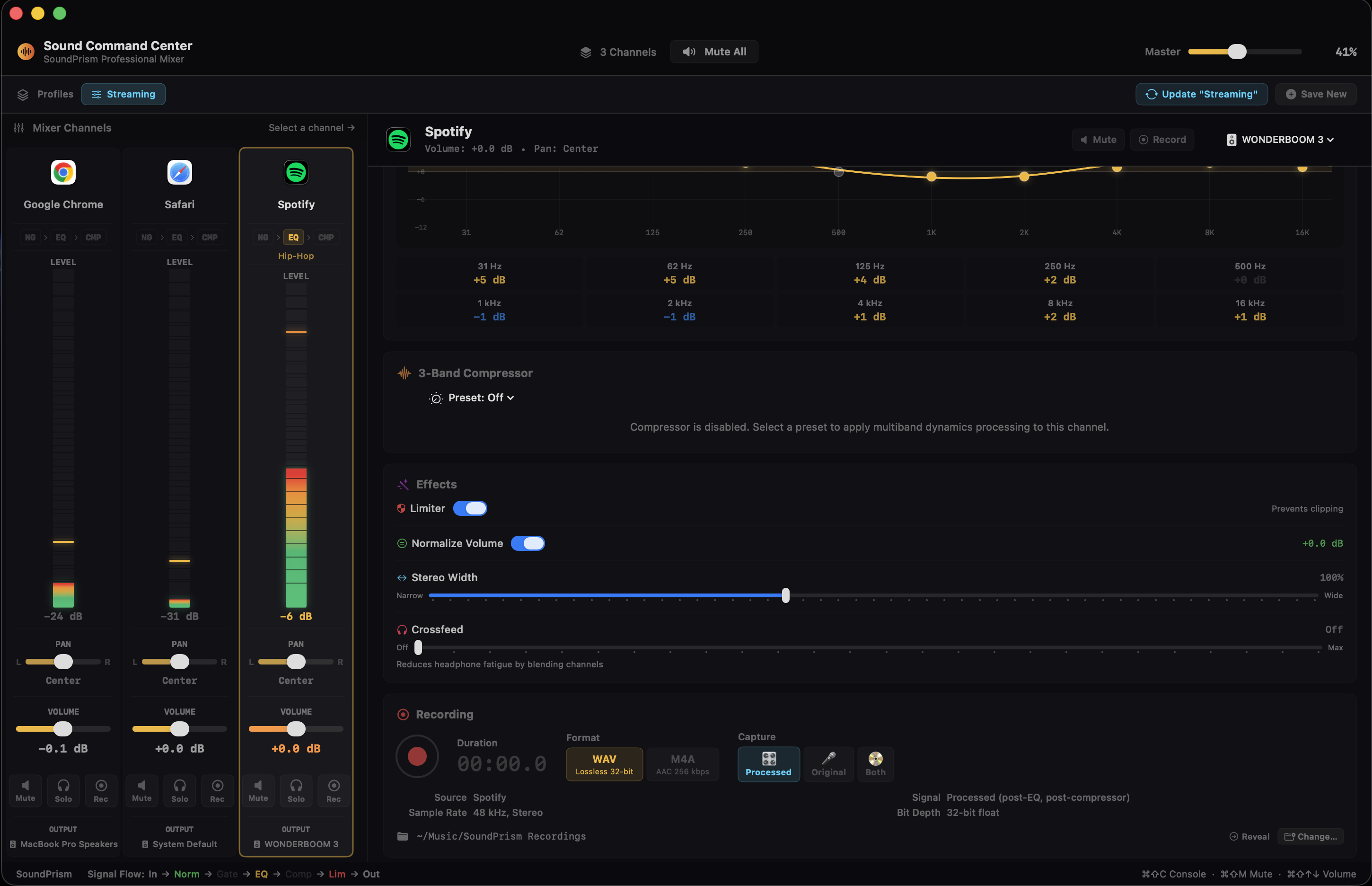 Sound Command Center showing stereo widener, crossfeed, peak limiter, normalizer, and dual-stream recording panel