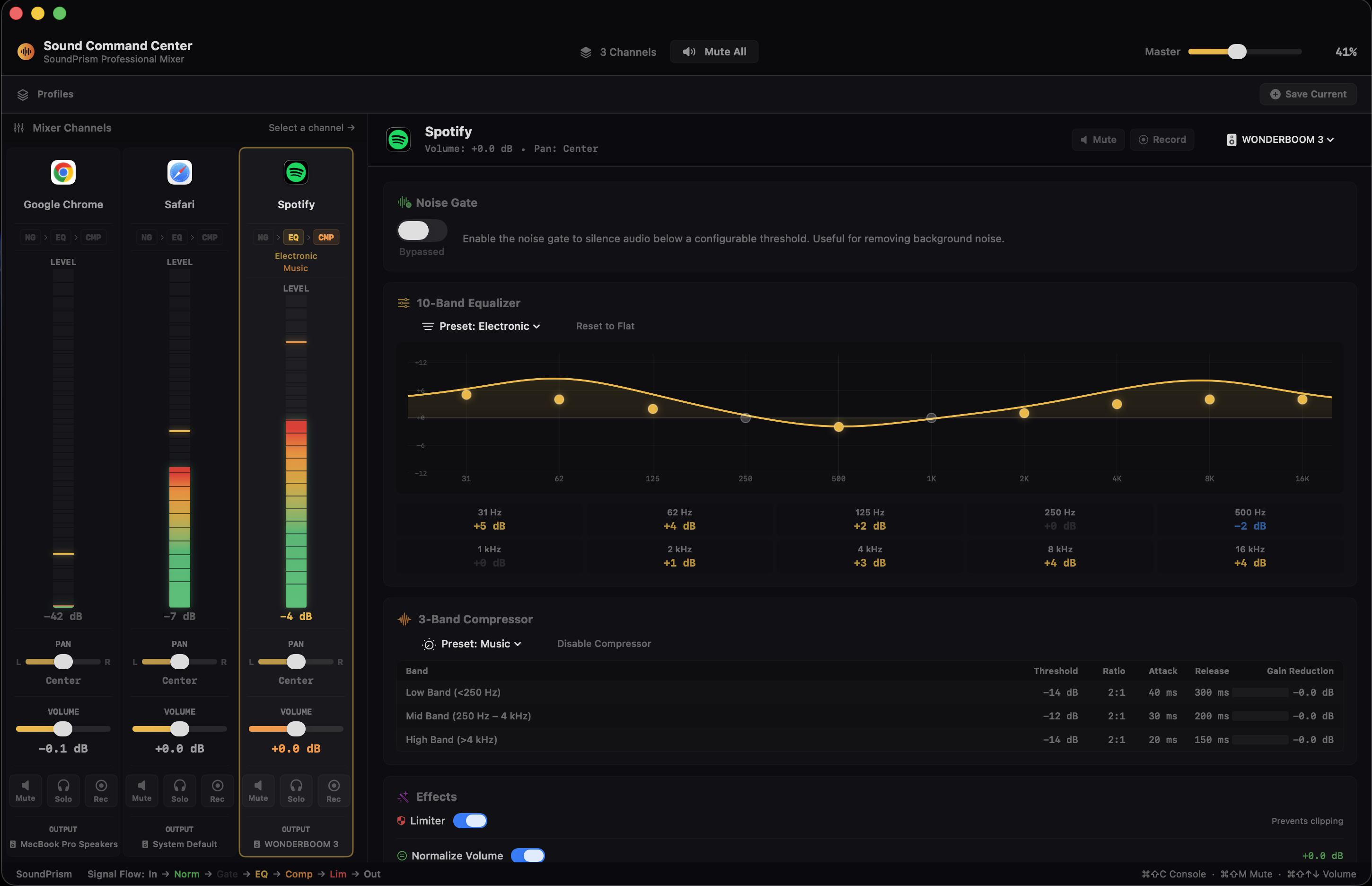 Sound Command Center showing 3 channel strips, 10-band EQ with Electronic preset, and multiband compressor controls