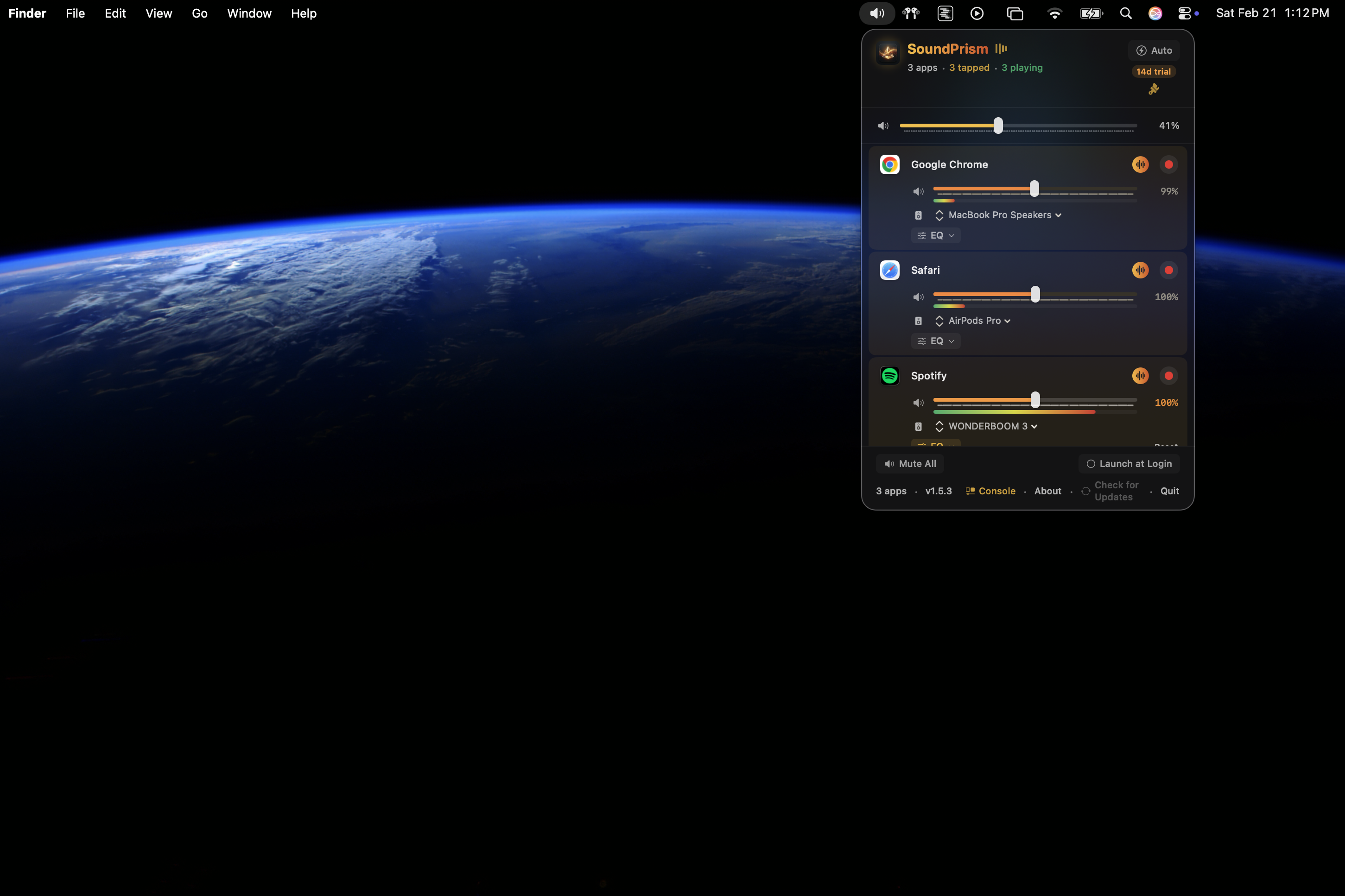 SoundPrism popover open from the macOS menu bar, showing per-app audio controls in context on the desktop