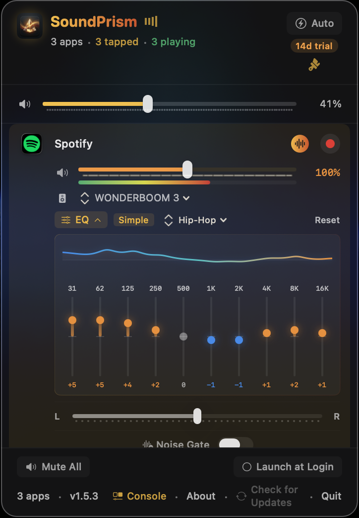 SoundPrism popover with 10-band EQ expanded, showing Hip-Hop preset applied to Spotify