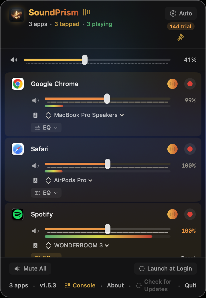 SoundPrism popover showing per-app volume controls for Chrome, Safari, and Spotify with individual output routing
